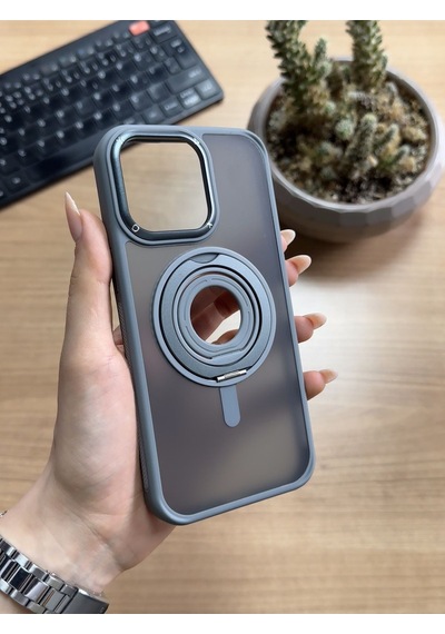 Apple Uyumlu iPhone 15 Pro Max Standlı Ve Yüzüklü Magsafe Kılıf Soocase721 Gri