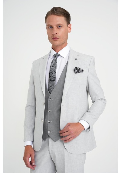 Efor Slim Fit Fleto Cep Pötikare Desenli Yelekli Gri Takım Elbise Tk 922 Gri