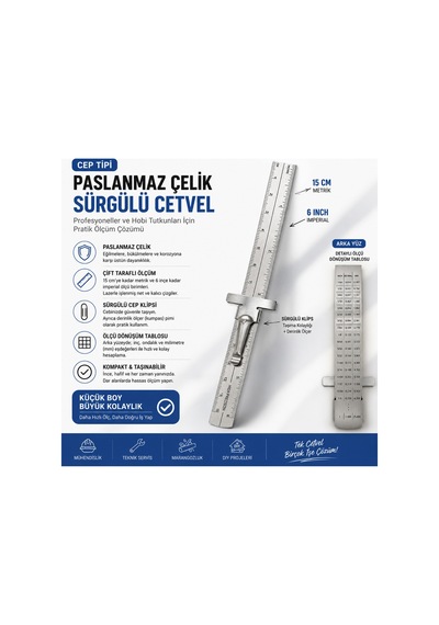 Paslanmaz Çelik Sürgülü Klipsli Cep Cetveli 15 Cm Çift Taraflı Hassas Metal Cetvel