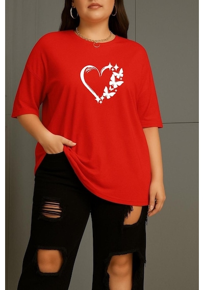 Büyük Beden Kalpli Kelebek Baskılı Unisex Tişört Kırmızı