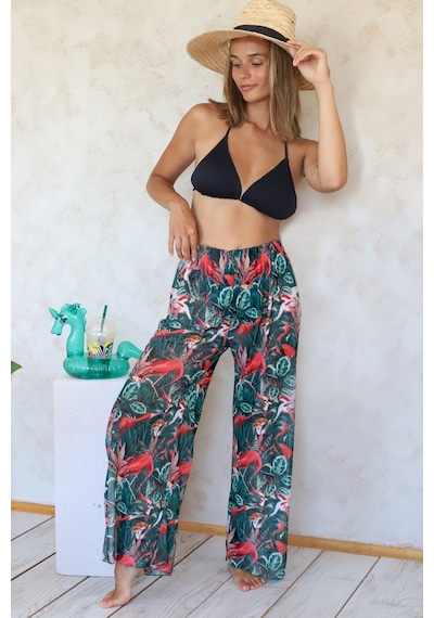 Plaj Pantalon Pareo Yazlık Kapalı Yırtmaçlı Lastikli Şifon Tül Kumaş S-M Yüksek Bel Flower Yeşil