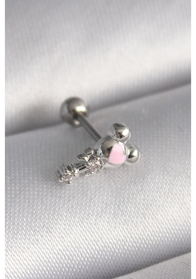 316l Çelik Gümüş Renk Zirkon Taş Detay Pembe Kalp İşleme Tragus Piercing Renkli