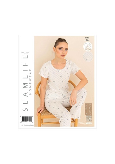 Seamlife Kadın %100 Pamuk Kalp Desenli Kısa Kollu Pijama Takımı 466542 Beyaz