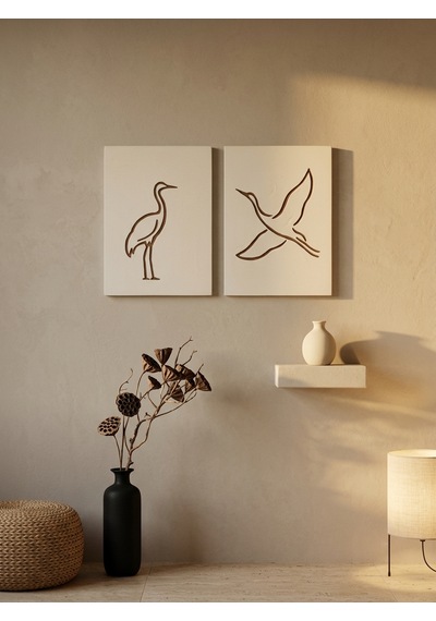 Zen Serenity 2'li Duvar Sanatı Seti - Minimalist Japandi Tarzı El Yapımı Kazıma Çizgisel Turna Tablo Seti