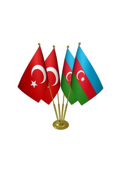 Masa Üstü Azerbaycan Bayrağı Türk Bayrağı Dörtlü Pirinç Direk Mas