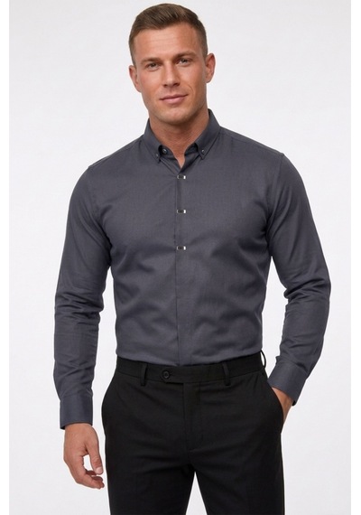 Deepsea Füme Slim Fit Likralı Kolay Ütülenebilir Gizli Düğmeli Erkek Gömlek 2602614