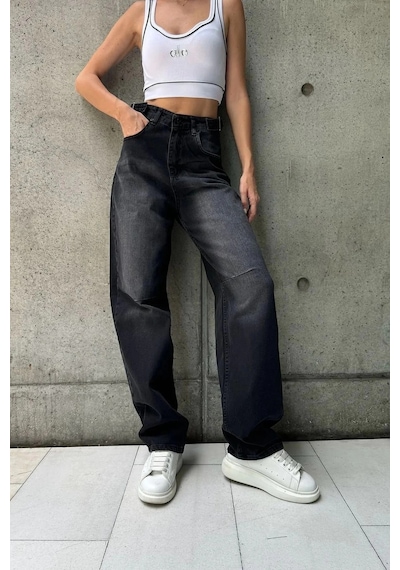 Siyah Premium Ayarlanabilir Yan Kemer Tokalı Baggy Jeans Siyah Yıkamalı