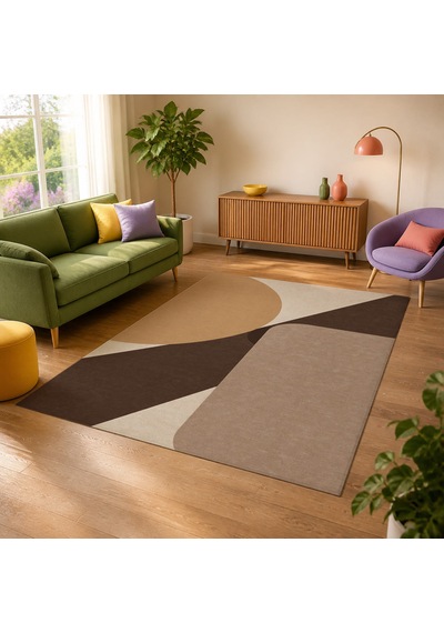 Kartela Halı Kesişim Geometrik Modern Halı Kahverengi Kaymaz Taban Makinede Yıkanabilir 180x270 Cm