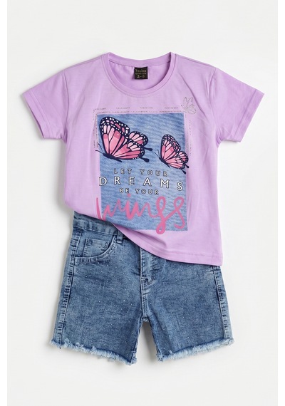 Joy Kids Kız Çocuk Kot Şortlu Günlük Trend Takım 3-10yaş Lila Açık Lila