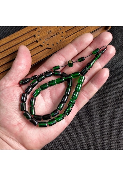 İmzalı 7X11 mm Yeşil Siyah Ateşi Kehribar Tesbih Usta İşçilikli