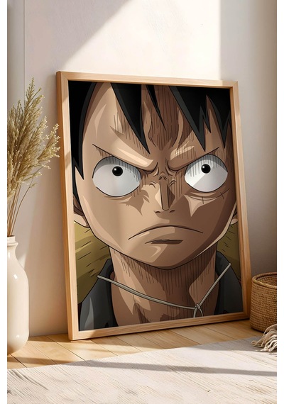 One Piece Luffy Kararlı Portre Çerçeveli Tablo - Premium Genç Odası Anime Duvar Dekoru Poster Kayın