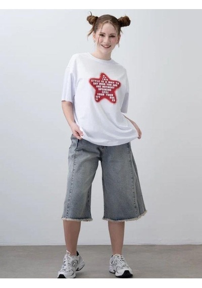 Zekids Kız Çocuk Yıldız Harf Baskılı Oversize T-shirt-15532 Beyaz