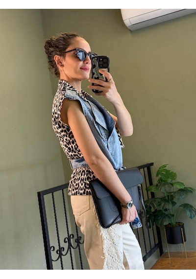 Ali Butik Leopar Detaylı Denim Yelek