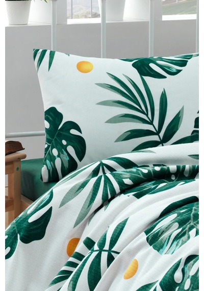 Tek Kişilik Baskılı Pike Takımı Monstera Yeşil Yeşil