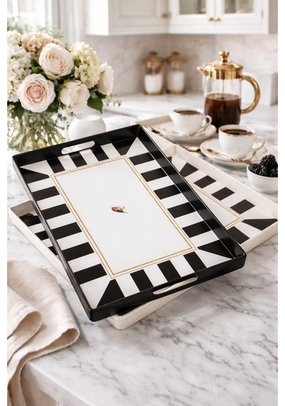 Makri Home 2 Adet Çizgili Desenli Servis Tepsisi 38x28x3,5 Cm, Siyah-beyaz Çok Renkli