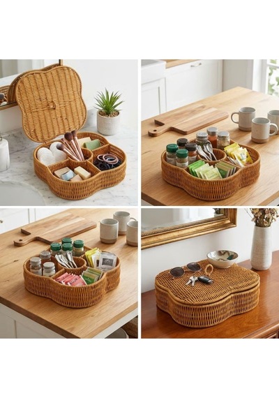 Tr Kapaklı 5 Bölmeli Plastik Rattan Organizer Kutu Hasır Desenli Çok Amaçlı Saklama Ve Sunum Sepeti Çerezlik Diğer