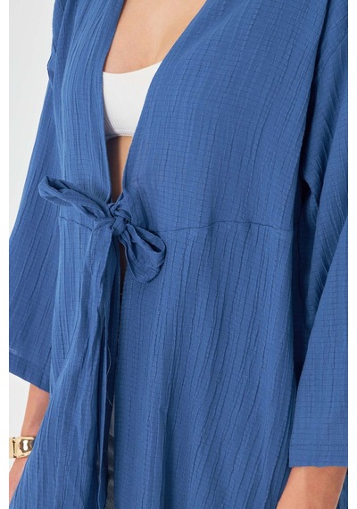 Armonika Kadın Koyu Mavi Kendinden Çizgili Önden Bağlamalı Kimono Gömlek Arm-24y001101