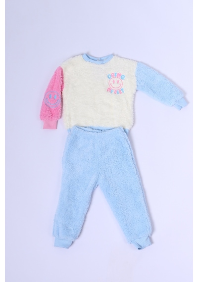 Hçm Çocuk Peluş Alt-üst Takım Baskılı Kolları Renkli D23 Mavi