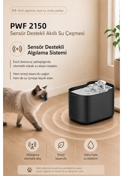 Pwf 2150 Akıllı Otomatik Sensörlü Kedi Köpek Paslanmaz Çelik Su Çeşmesi 2,5l - Petmate Flowsense - Siyah