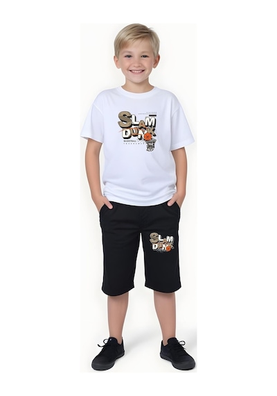Fyk Kids Erkek Çocuk Yazlık Slam Dunk Baskılı Alt-üst Takım Beyaz
