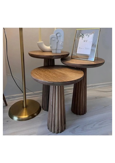 Wood 3 Lü Set Mantar Yan Sehpa Modern Ahşap Ceviz Renk Fiskos