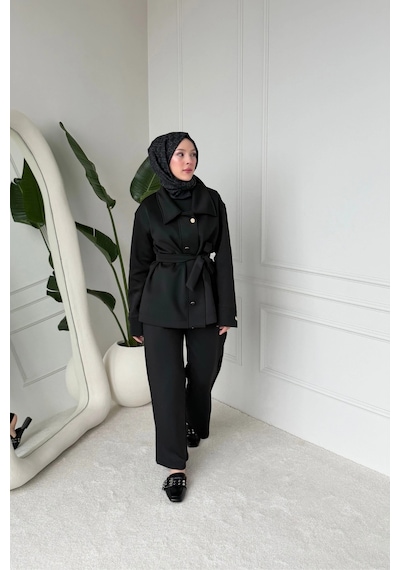 Mihran Butik Sophie Model Bel Kemer Ve Düğme Detaylı Kadın Takım Siyah Siyah