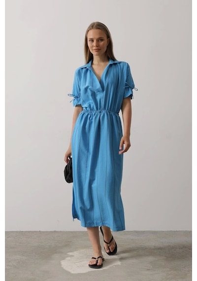 Defymoda Beli Lastikli Elbise - Mavi Mavi