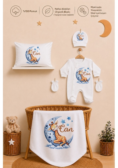 Pia Baby Kişiye Özel Erkek Bebek Hastane Çıkışı Tulum Seti %100 Pamuk İsimli Yastık Kılıfı Ve Battaniye 1038tyb3x Ekru