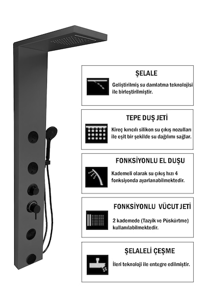 Venüs Metalik Füme Premium Şelaleli Masajlı Duş Paneli - Dikey Ja Füme