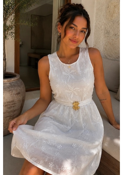 Bb Butik Basic Kadın Nakış İşlemeli Keten Elbise Bisiklet Yaka Kemer Detaylı Mini Elbise My3535 Ekru Bb Butik Basic Kadın Nakış İşlemeli Keten Elbise Bisiklet Yaka Kemer Detaylı Mini Elbise My3535 Ekru