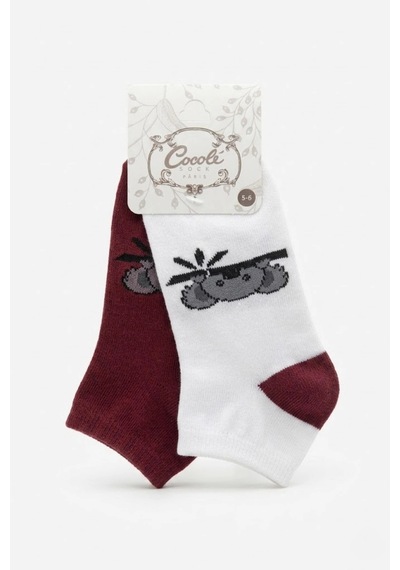 Cocole Socks Çocuk Patik Çorabı 2 Li Set Pamuklu Beyaz & Bordo Koala Desenli Çok Renkli