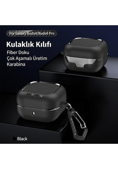 Galaxy Buds 4 / Buds 4 Pro Uyumlu Karbon Fiber Hybrid Polymer Technology Darbeye Dayanıklı Kulaklık Kılıfı Siyah