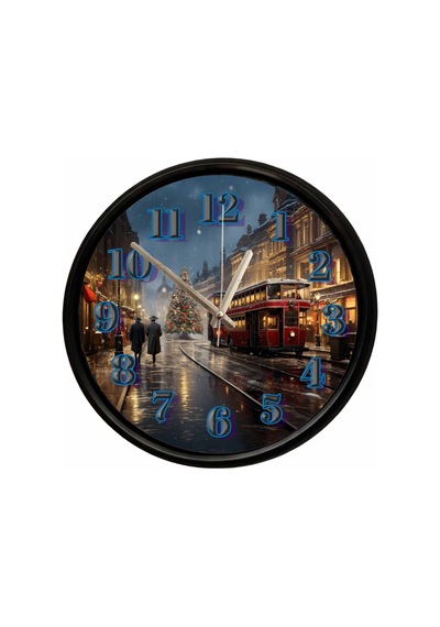 Nostaljik Tramvay Ve Yılbaşı Şehri Tasarımlı Dekoratif Duvar Saati 28 Cm Sessiz Mekanizma Çok Renkli