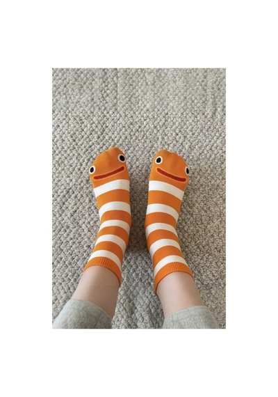 Hitit Socks Kadın 4 Çift Sevimli Yılan Balığı Desenli Ve Çizgili Uzun Soket Çorap Turuncu Çizgili