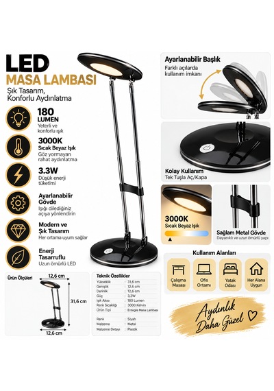 Led Masa Lambası 3.3w 180 Lumen 3000k Sıcak Siyah Ayarlanabilir Başlıklı Çalışma Ve Ders Lambası