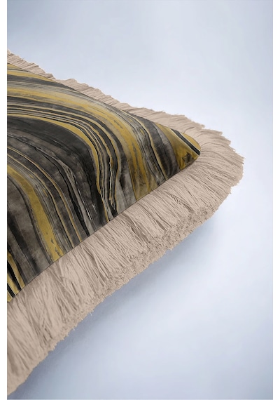 Mermer Motifli Soyut Saçaklı Yastık Kılıfı - Dalgalı Modern Gold Krem Püsküllü Kırlent Kılıfı Bej