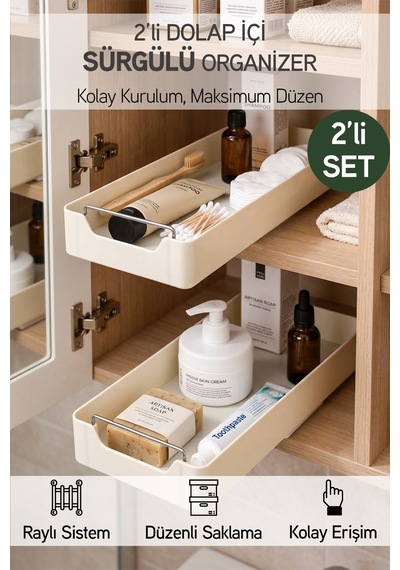 2'li Kendinden Bantlı Sürgülü Raylı Çok Amaçlı Dolap İçi Organizer Banyo Mutfak Düzenleyici 13x34 Cm Krem