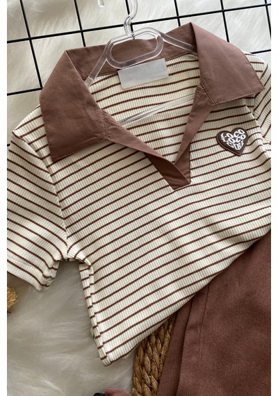 Turuncu Gardrop 8-14 Yaş Polo Yaka Çizgili Crop Cappuccino Sütlü Kahve