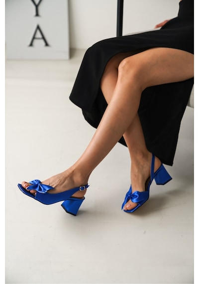 Divolya Ribbo Saks Mavi Saten Fiyonklu 6cm Topuklu Sandalet Saks Mavi