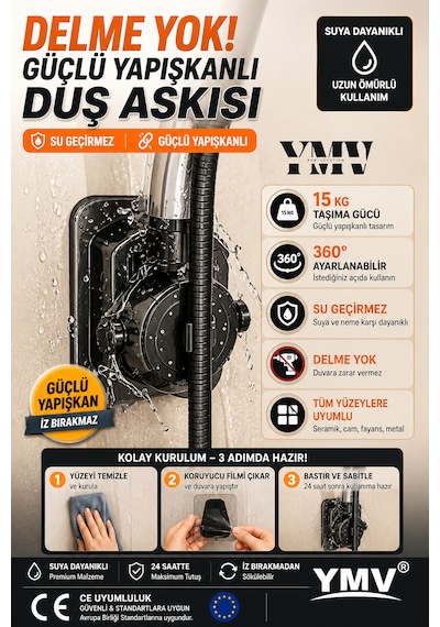 Ymv Yapışkanlı Duş Başlığı Askısı Mafsallı Ayarlanabilir Duş Tutacağı Delme Gerektirmeyen Güçlü Duvar Aparatı Gri