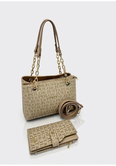 Just Polo Özel Günlere Uygun Baskılı Şık Omuz Çantası Ve Cüzdanı Kombin Shopper Vizon