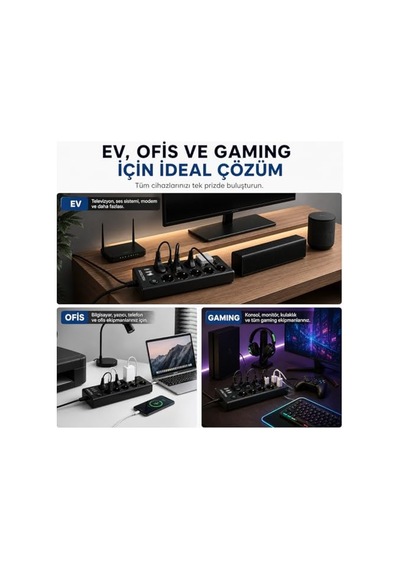 Çoklu Priz 10 Lu Grup Priz Usb Li 3x Usb-a, 1x Usb-c , 3680w 16a, 2 Metre Kablo, Topraklı Uzatma Kablosu, Ev Ofis Gaming
