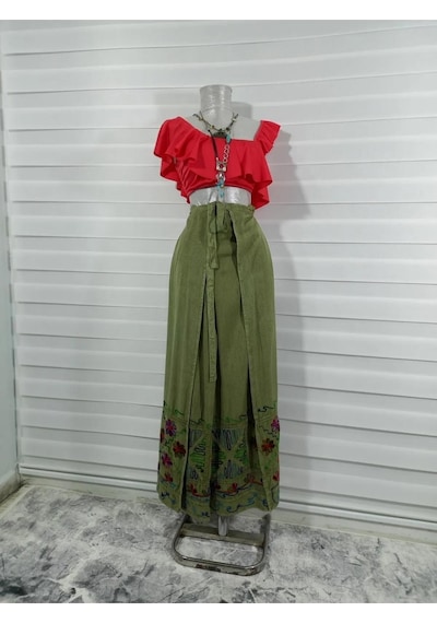 Eren Style Otantik Nakış İşlemeli Harem Şalvar Bulmaca Pantolon 103 Cm -8719 Açık Yeşil
