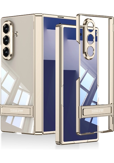 Samsung Uyumlu Galaxy Z Fold 7 Kılıf Kamera Korumalı Şeffaf Tasarımlı Zore Standlı Kapak Gold