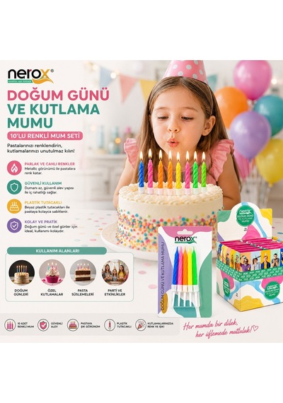 Nerox Nrx-3013 Doğum Günü Mumu 10 Adet Renkli Beyaz Plastik Tutacak Süs - 24'li Paket Diğer