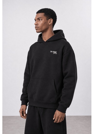 Respire Erkek Carpet Patch Detaylı Oversize Hoodie Siyah