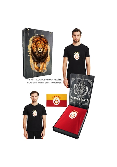 Gsstore Galatasaray Lisanslı Armalı T-shirt Bayrak Ve Uv Kutu Hediyeli 03-siyah