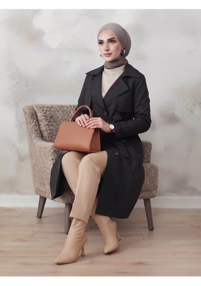 B.he.z Kruvaze Yaka Bondik Su İtici Kumaş Astarlı Trend Model Diz Altı Trençkot Siyah