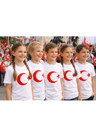 Parti Selesi Unisex 3 Adet Çocuk Bayrak Baskılı Kısa Kollu T-shirt Beyaz