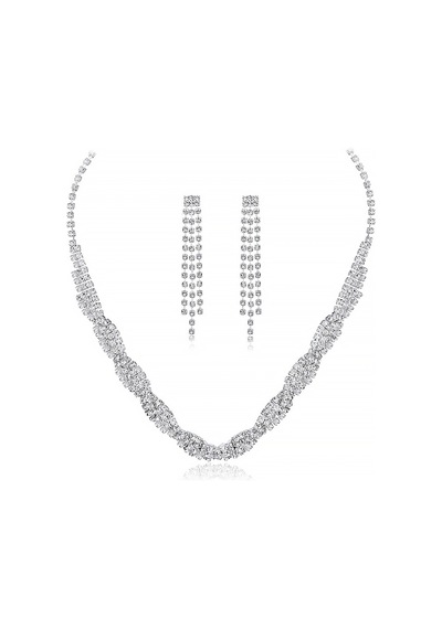 Chavin Düğün Nişan Kına Zirkon Taşlı Bayan Kolye Küpe Set es09 Beyaz